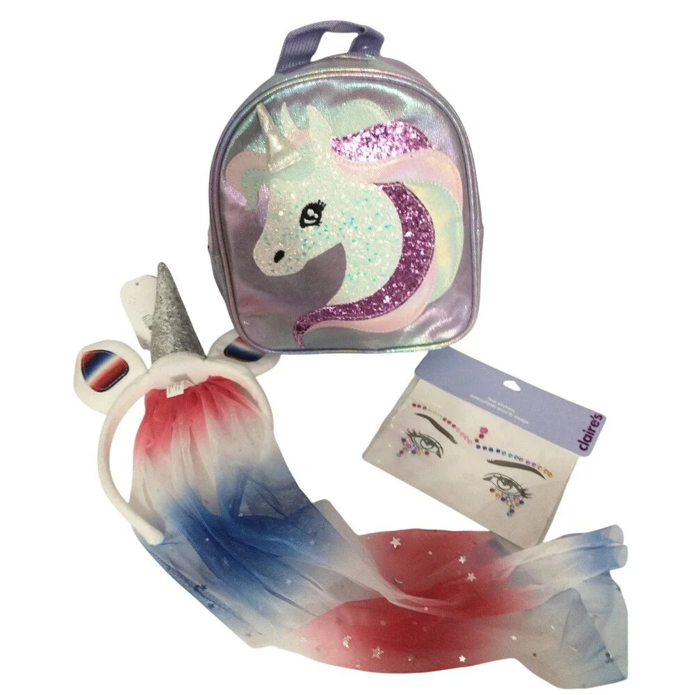 Claire's Unicorn Backpack Headband Face Stickers Iridescent Sparkle Combo Set